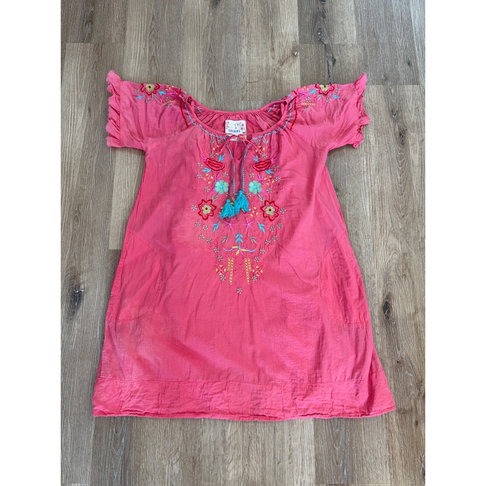 LulaLife Boho Festival Embroidered Floral Tunic Dress Women M Pink Cotton Tassel